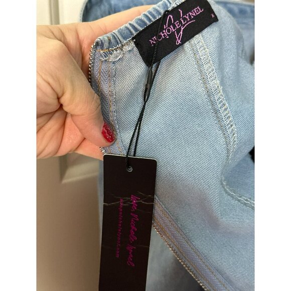 Nichole Lynel Denim Off Shoulder Sweetheart Neckline Puff Sleeve Mini Dress NWT - Picture 11 of 14